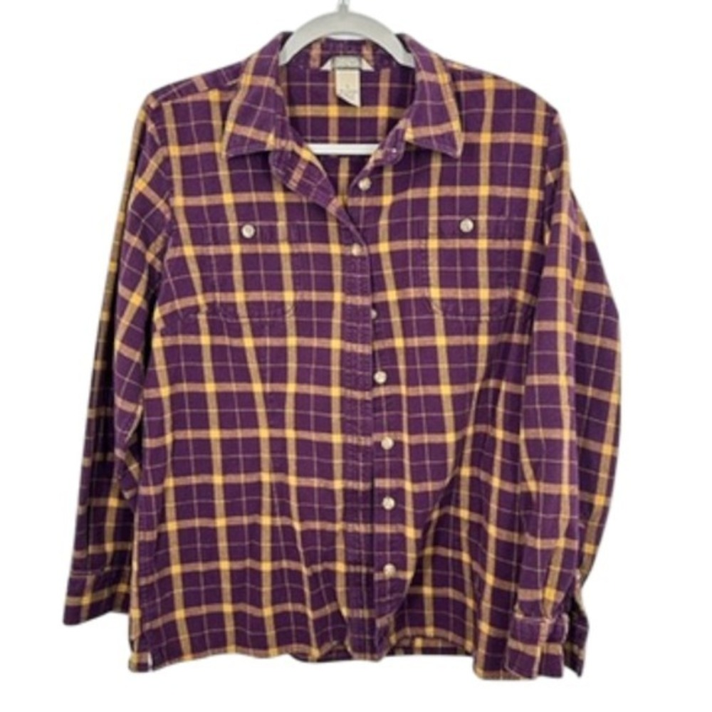 Duluth Trading Co. Plaid Flannel Shirt Womens L Purple Yellow Long Sleeve Cotton